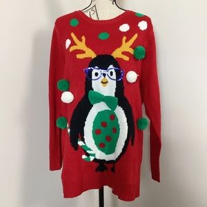 UGHLEE SWEATERS Women’s Red Holiday Sweater Penguin with glasses Big Puff Ball